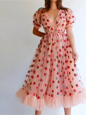 Lirika Matoshi Pink Strawberry-Embroidered Midi Dress